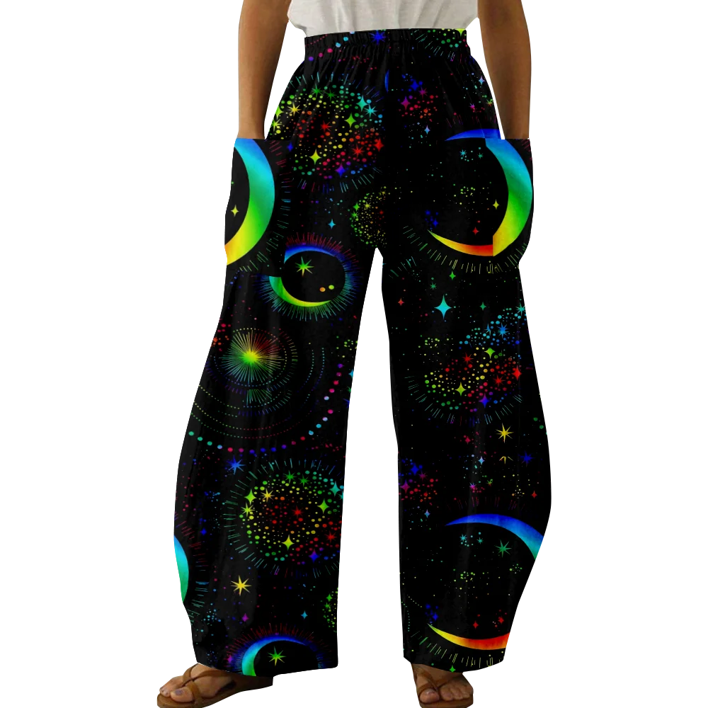 Spring Stylish Galaxy Print Pants Summer Casual Oversized Girls Y2K Trousers Creative Pocket Wide Leg Pants Women Pantalon