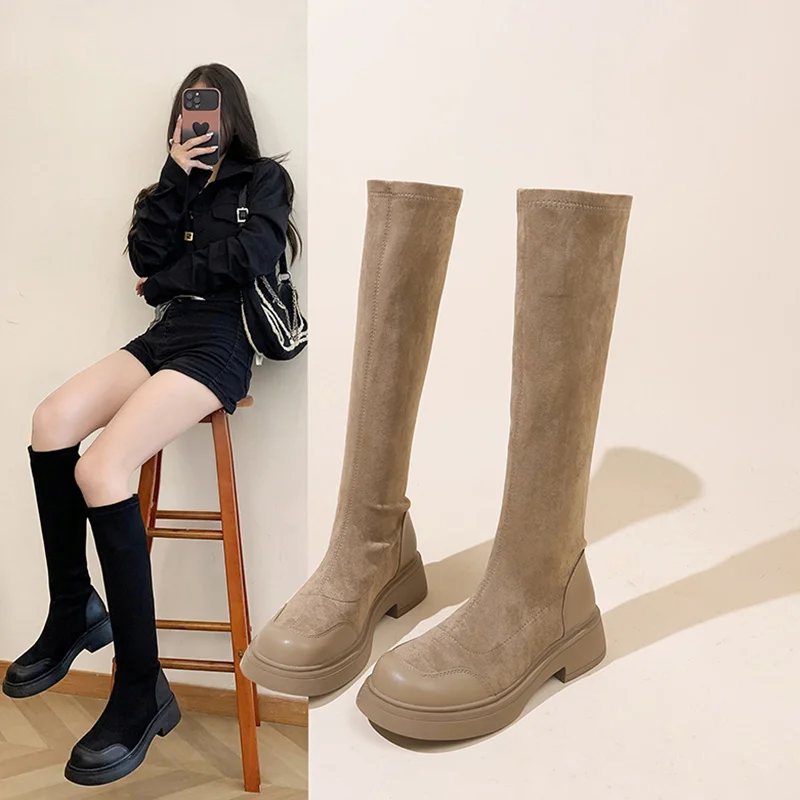 

Женские сапоги на высоком каблуке, осенне-зимние сапоги выше колена с круглым носком, на резиновой подошве, 2023