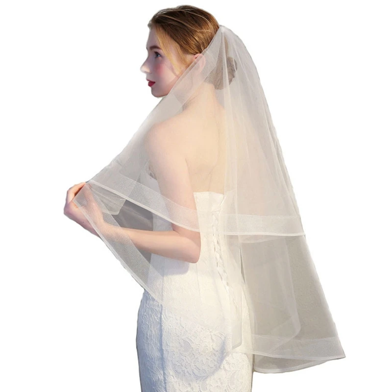 2 Tier Short Illusion Veils Longest Tulle 35" Wedding Bridal Veil with