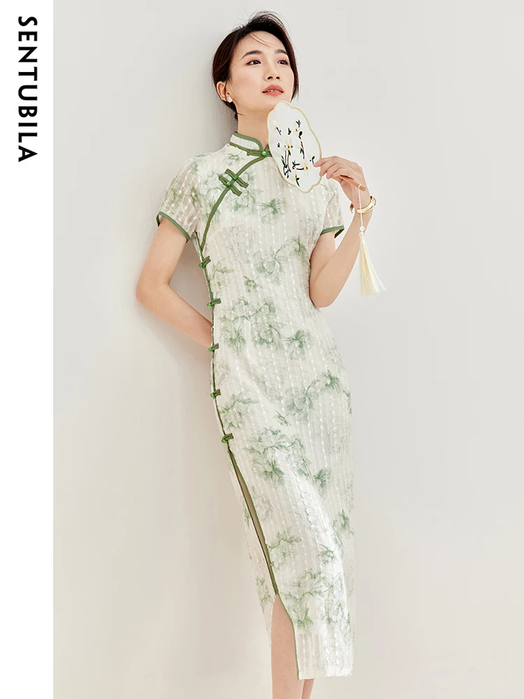 

Sentubila Women's Chinese Style Vintage Midi Dress 2023 Cheongsam Short Sleeve Floral Print Summer Slit Qipao Dresses W32L51425