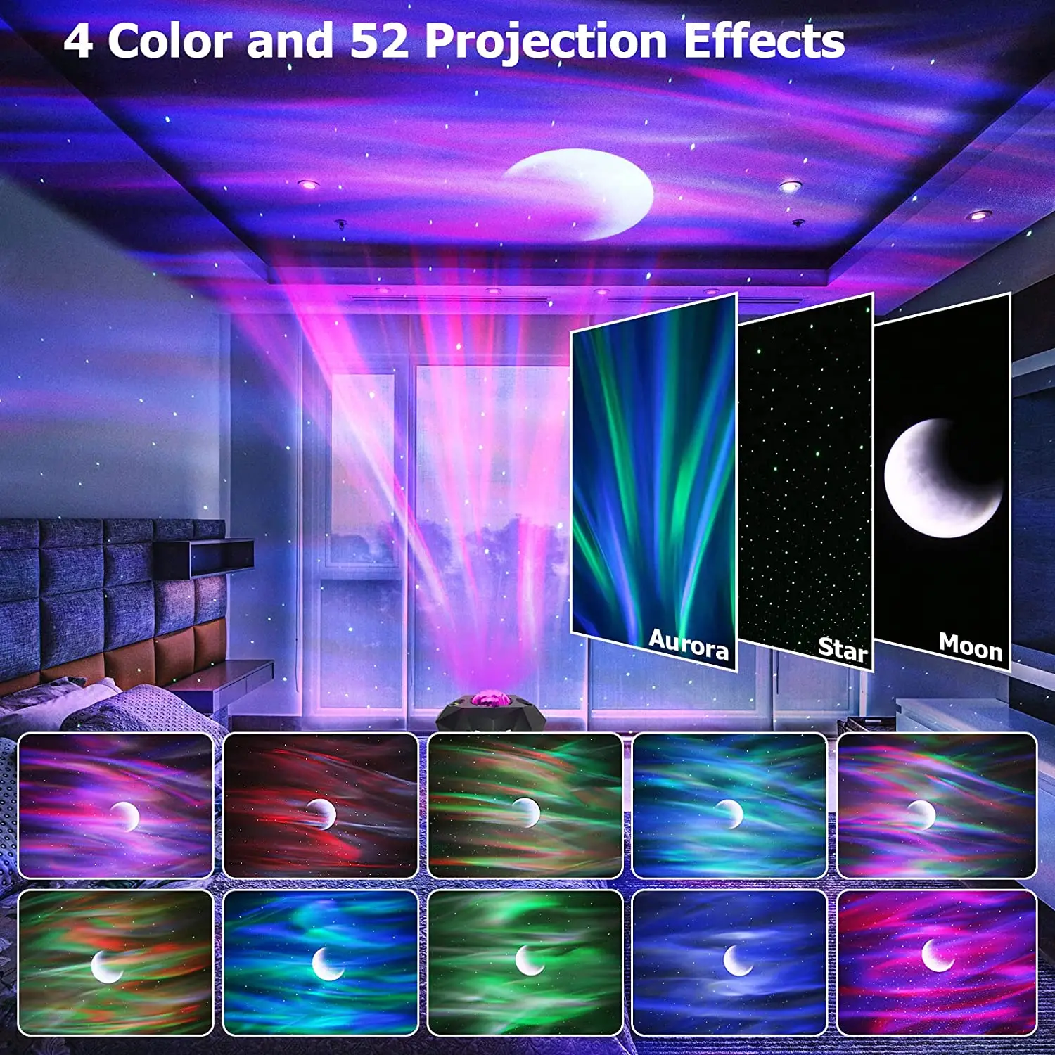  Proyector de luces de galaxia, estrellas y aurora boreal con  control remoto, proyector de luz de cielo nocturno para dormitorio, altavoz  de música estéreo Bluetooth integrado de alta fidelidad, decoración de