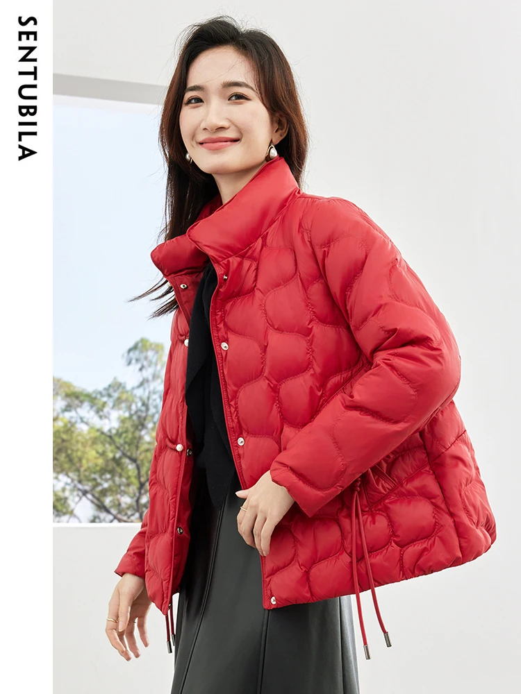SENTUBILA Crop Down Jacket Woman 2023 Winter Stand Collar 90 White Duck Short Down Coats Warm Wavy Puffer Jackets Top W34Y49503