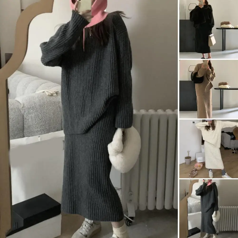 

Женский вязаный костюм из Свитера и юбки, комплект из 2 предметов, плотная теплая однотонная свободная эластичная юбка с длинным рукавом и круглым вырезом, Уютная зимняя юбка, свитер