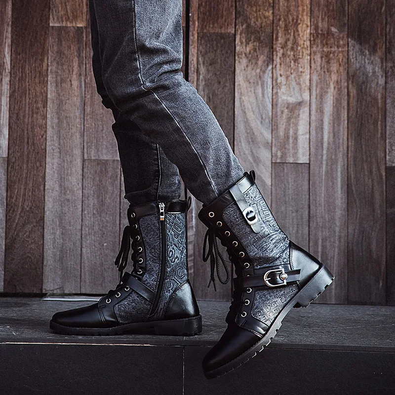 Retro Mid-Carf Punk Boots Winter Men's Plus Velvet Motorcycle Boots All-match Tooling Shoes Denim Mid-high Army Men