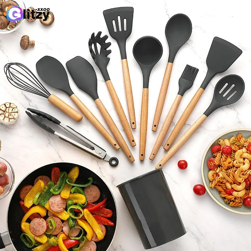 

Silicone Cooking Utensils Set Kithcen Tools Non Stick Soup Spatula Shovel Spoon Egg Beat Oil Brush Wooden Handle Kitchenware Set