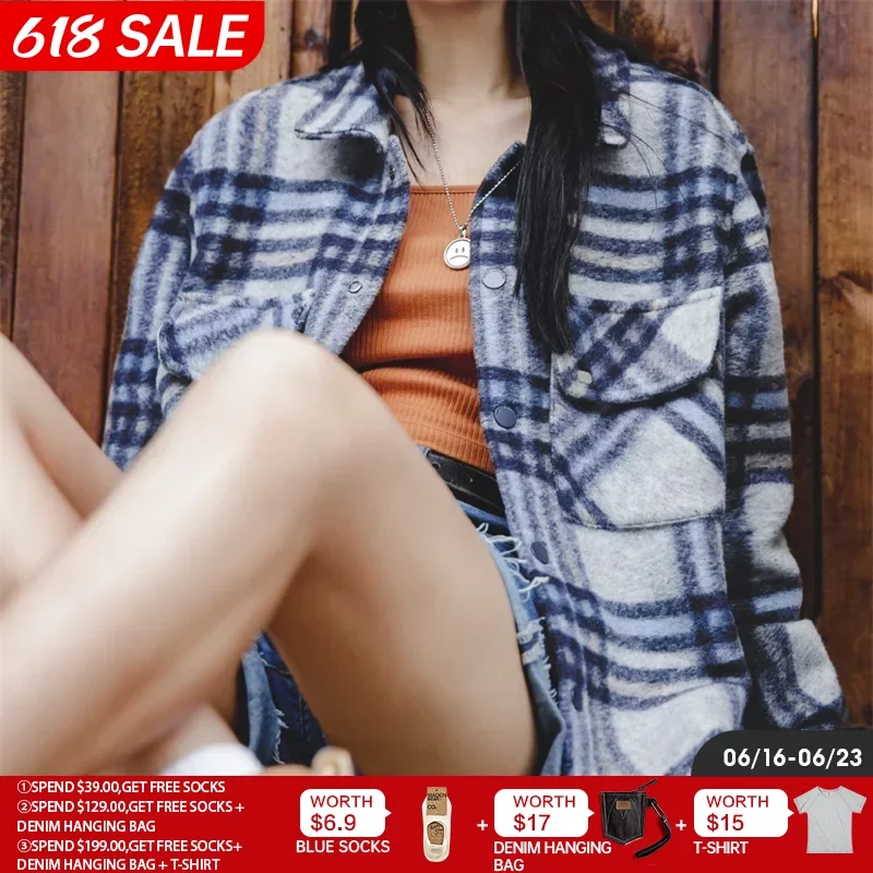 Maden-Women's Contrast Checked Jacket, American Leisure, Academy Style Denim Coat, Loose Fit, Warm, Autumn, Winter