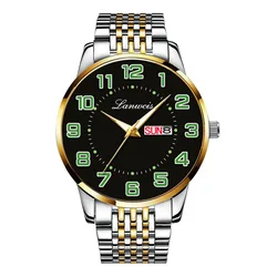 Men's Large Dial Gold Black Waterproof Digital Watch with Solid Steel Strap and Dual Calendar (Gold silver black)