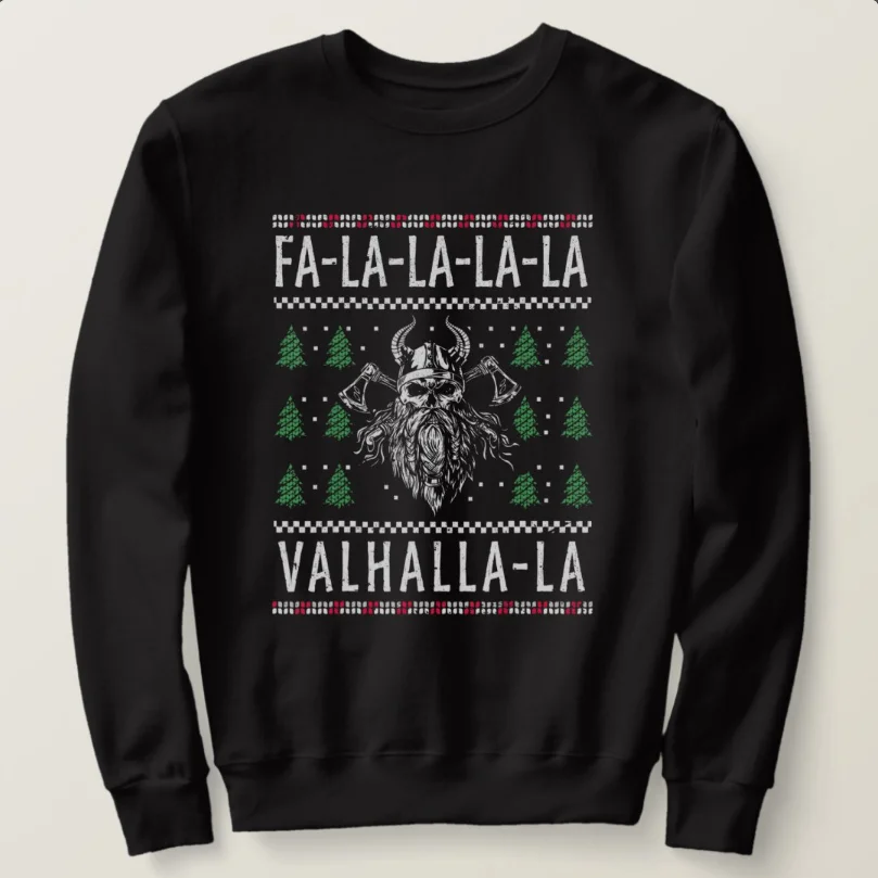 

Fa La La La Valhalla La Ugly Christmas Sweater Viking'er Skull Sweatshirts 100% Cotton Casual Mens Hoodie Xmas Gift Streetwear