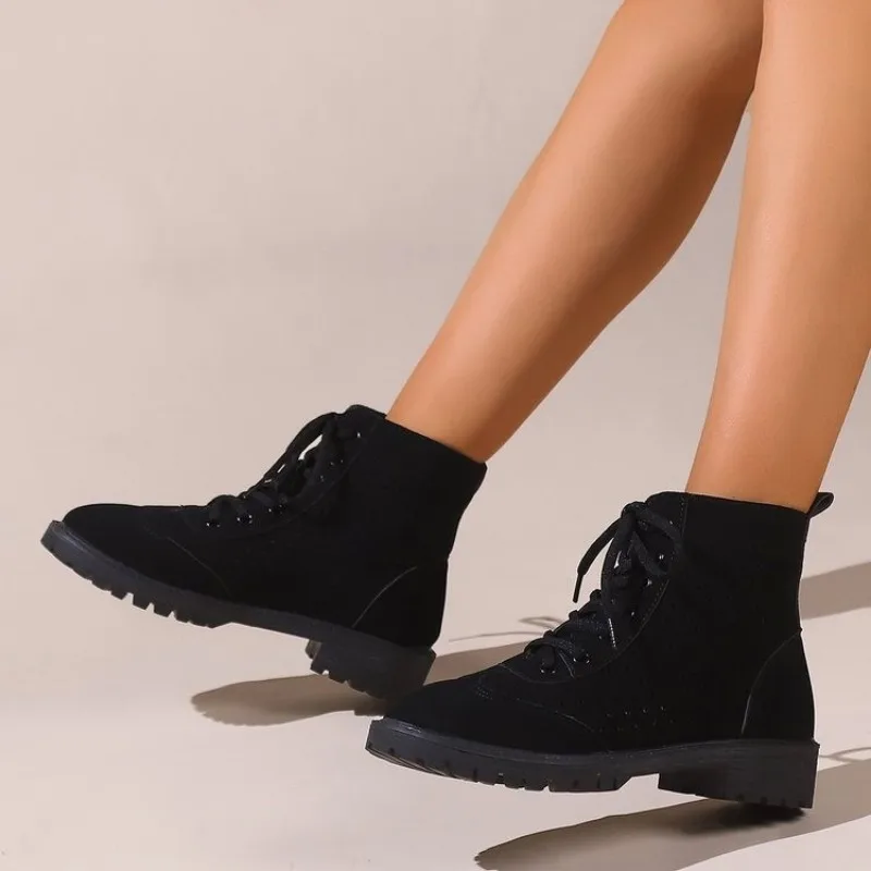 2023 Winter Casual Shoes for Female Front Lace-up Women's Ankle Boots Square Heel Low Heel Women's Shoes Plus Size Ladies Boots