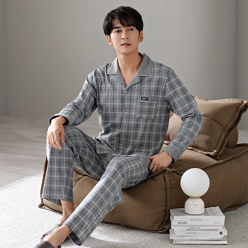 Spring Autumn Men's Pure Cotton Pajamas Lapel Long Sleeve Plaid Cardigan Pants Oversized Loose Fitting Casual Home Clothing Set