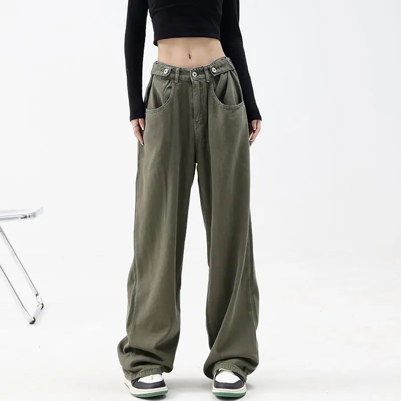 

Feiernan Y2k Dark Green Jeans for Women Hippie Baggy Wide Leg Trousers Loose Fashion 2022 Vintage Denim Low Waist Pantalones