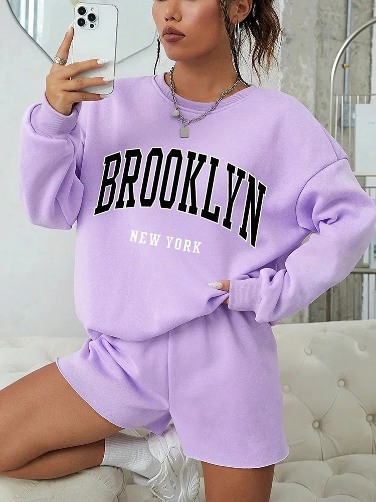 

Brooklyn New York Print Women Sweatshirt Long Sleeves O-Neck Pullover Casual Comfortable Hoodie Fashion Purple Female Clothes