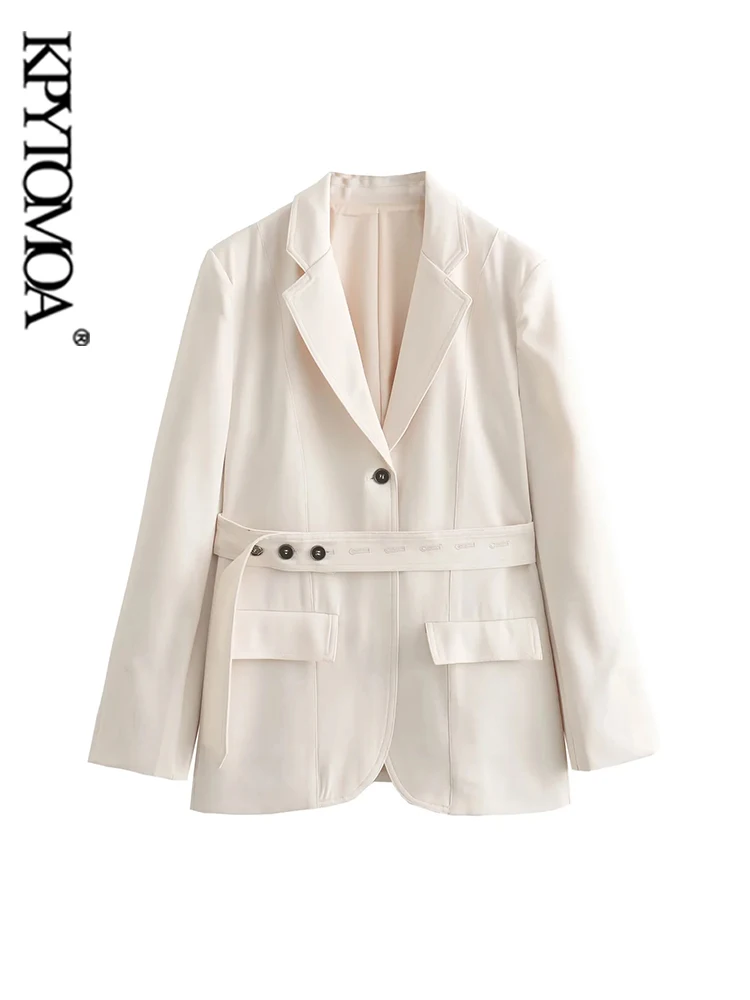 

KPYTOMOA-Women's Front Metal Button Blazer Coat, Long Sleeve, Flap Pockets, With Belt,Female Outerwear, Chic Tops, Fashion