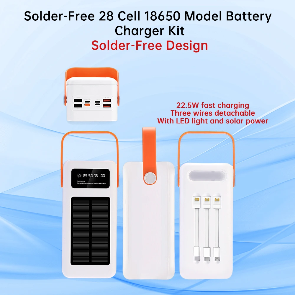 18650 Lithium Battery 28PCS DIY Mobile Power Case 22.5W Fast Charging Battery Box Solar LED Camping Light
