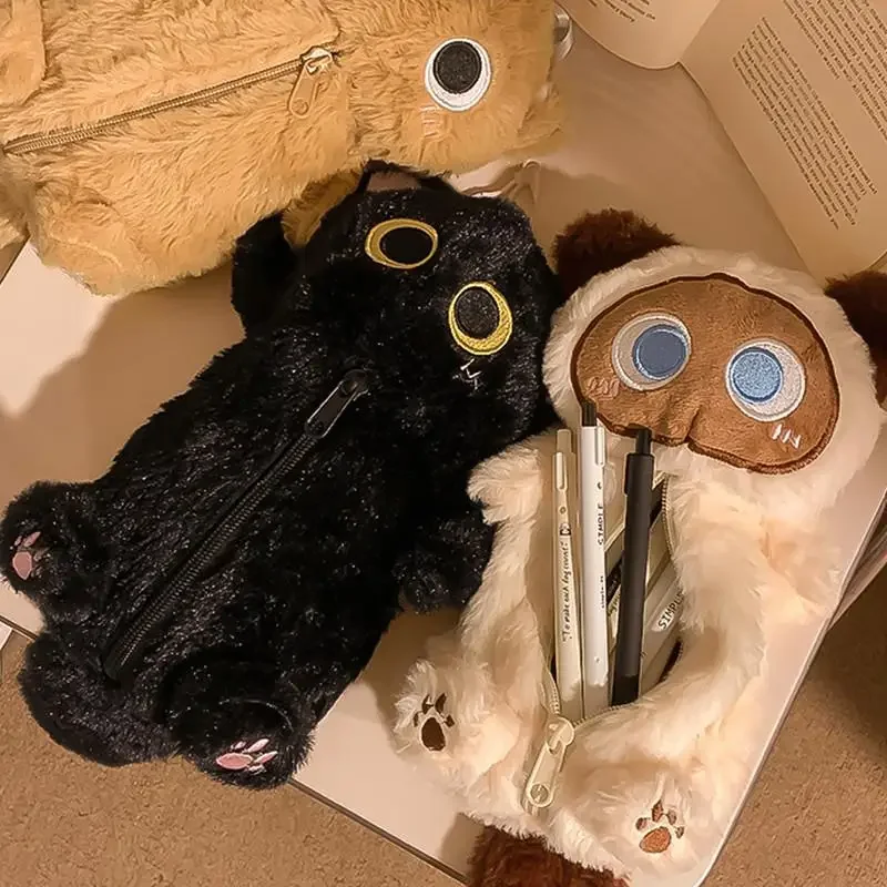 Cartoon Plush Big-Eyed Cat Pencil Case Super Soft Fun Doll Large Capacity Pencil Bags Multi-Functional Stationery Storage Bag 3