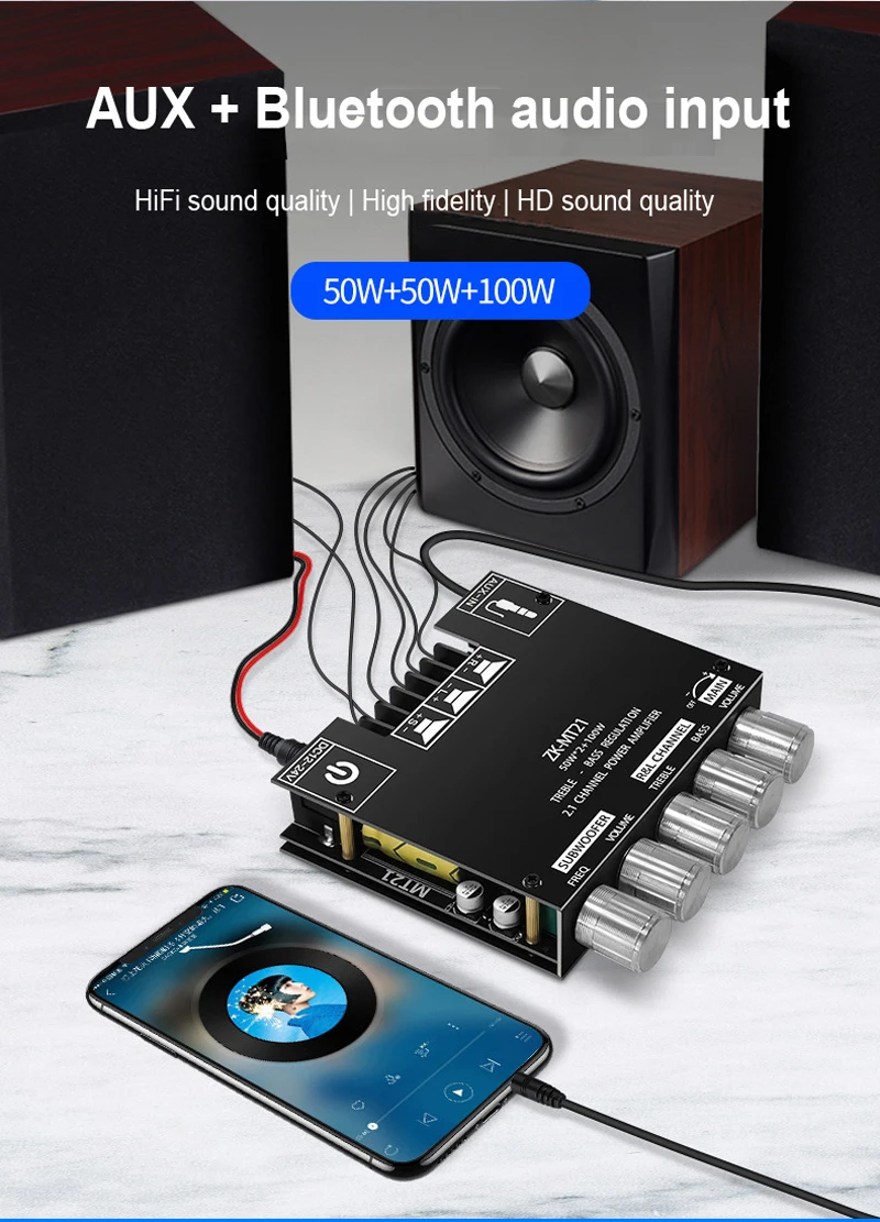ZK-MT21 Sound Amplifier Module 2x50W+100W 2.1 Channel Subwoofer Bluetooth 5.0 Di
