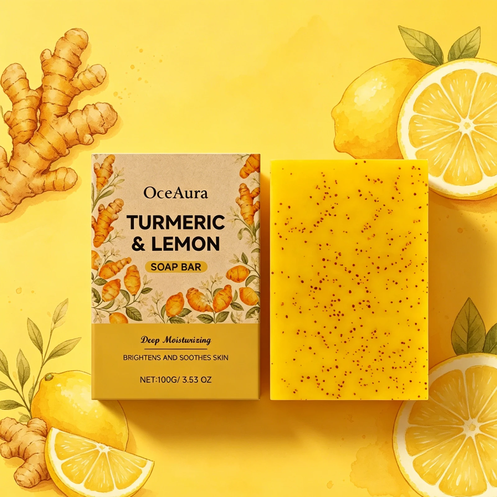Savon au curcuma et au citron OceAura 100g pour un nettoyage doux de la peau et du corps, savon de bain rafraîchissant et hydratant au parfum agréable 1 Savon au curcuma et au citron OceAura 100g pour un nettoyage doux de la peau et du corps, savon de bain rafraîchissant et hydratant au parfum agréable 1