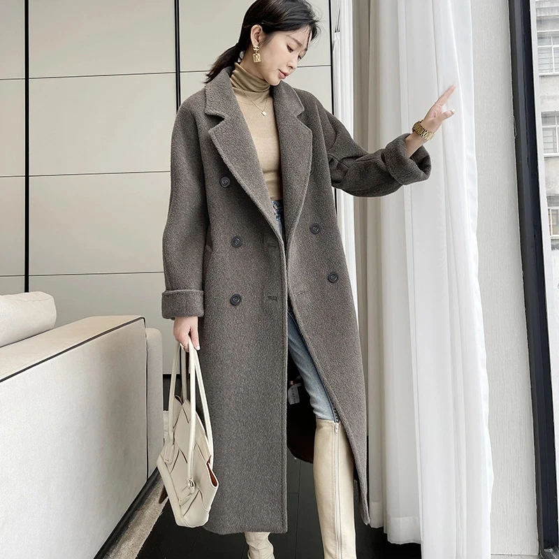 

High-end Winter Vicuña Fleece Alpaca Coat Women Mid-length Sheep Wool Coat Female Black Thickened Loose Straight Type Grey Coat