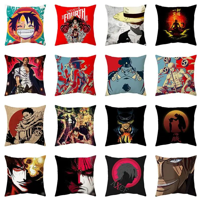 

Cartoon One Piece Luffy Printed Throw Pillow Ace Chopper Zoro Sanji Sabo Anime Peripheral Plush Pillows Room Sofa Decoration