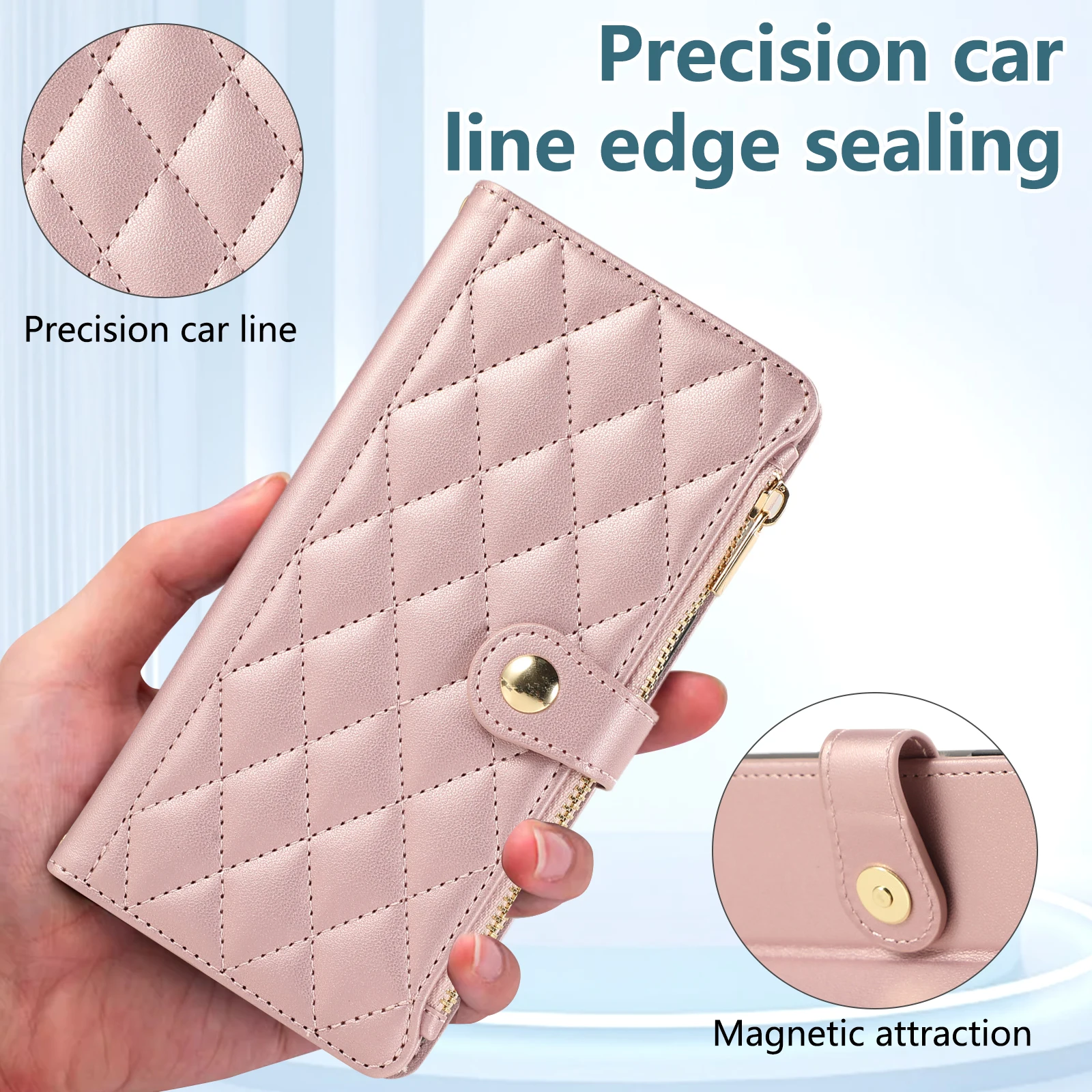 Elegant Crossbody Leather Wallet with Zipper and Diamond Design