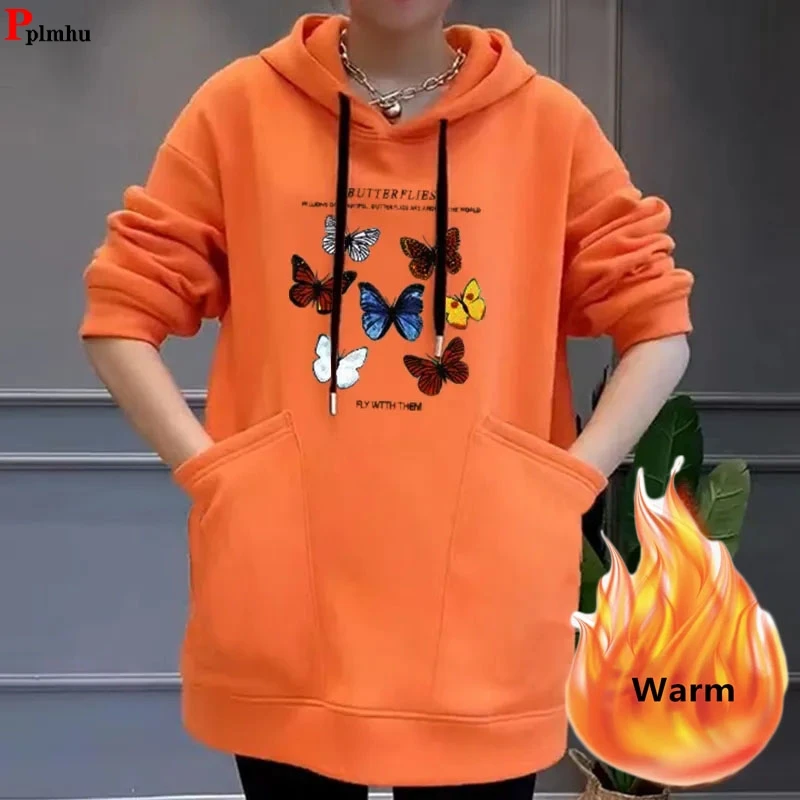 

Oversize 145kg Print Hoodies Winter Plush Lined Sweatshirt Pullovers Thick Warm Tops Mid Length Casual Loose Long Sleeve Hooded