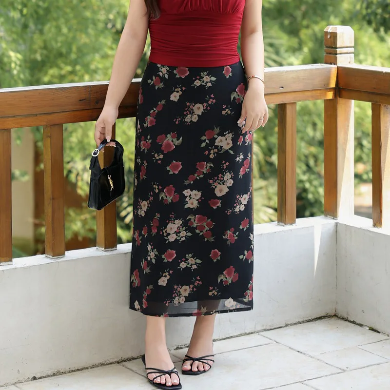 Plus Size Women's Straight Skirt Premium High Waist Rose Floral Print  Back Slit Chiffon Skirt Summer 2025