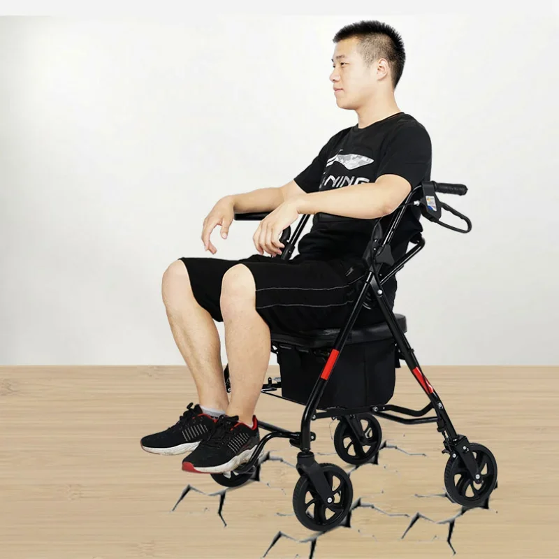 Armrest Folding Can Sit Walking Stick Chair Mobility Aids Portable Travel Elderly Trolley Shopping Four-wheeled Walking Cart 6