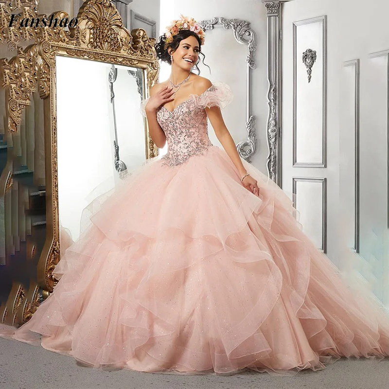 

Fanshao pd104 Ruffles Quinceanera Dress Off Shoulder Beads Sequin Ball Gowns Sweet 16 Year Princess Dress For 15 Years Vestidos