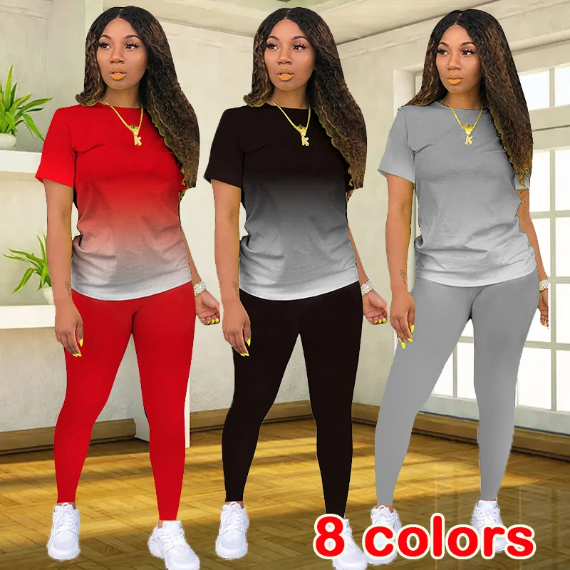 New sports short sleeved set gradient two-piece set for women's summer short sleeved T-shirt and long pants jogging sportswear