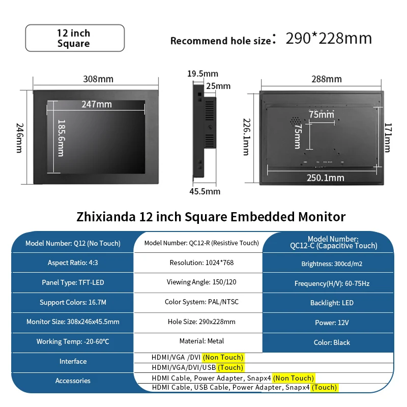 Zhixianda Ӻ   ׼ ġ ũ  ÷ DVI HDMI VGA USB ̽ 12 ġ 1024x768