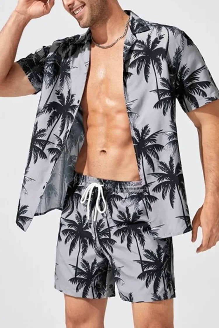 New Fashion Hawaiian Print Short Sleeve Shirt Set Men's Beach Coconut Print Shorts Men's Daily Beach Shirt Two-piece 6
