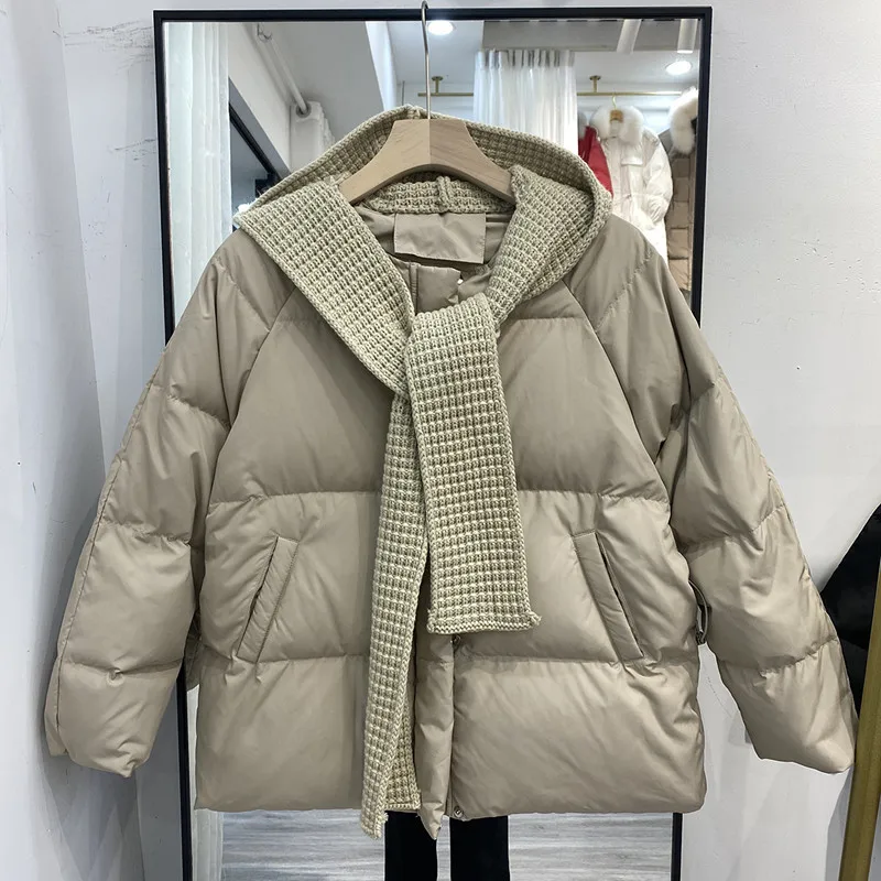 

Women Knitted Hooded Down Jacket Warm Winter Short Cotton-padded Jackets with Adjustable Waist Korean Fashion Parkas Coat Female
