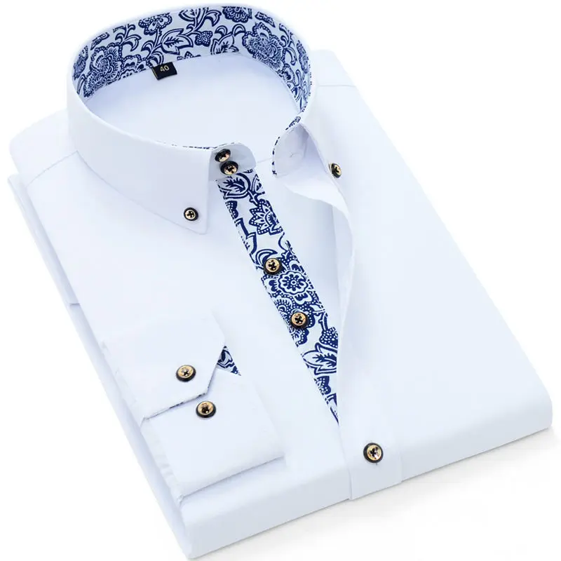 Camisa con cuello de porcelana azul y blanca para hombre, camisas