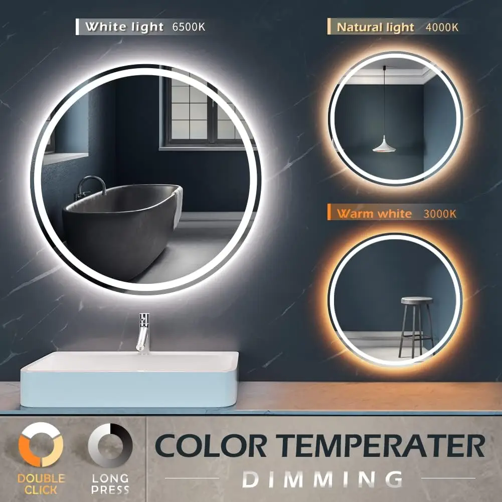 LED Round Bathroom Vanity Mirror, Color Temperature Adjustable, Anti-Fog