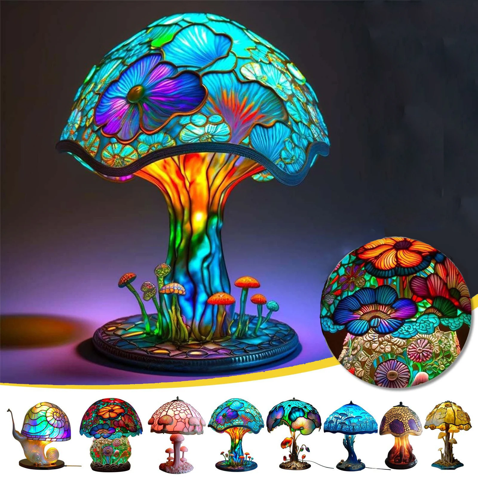 

Creative Stained Resin Plant Series Table Lamps Colorful Bedroom Bedside Flower Mushroom Retro Table Night Lamp Atmosphere Light