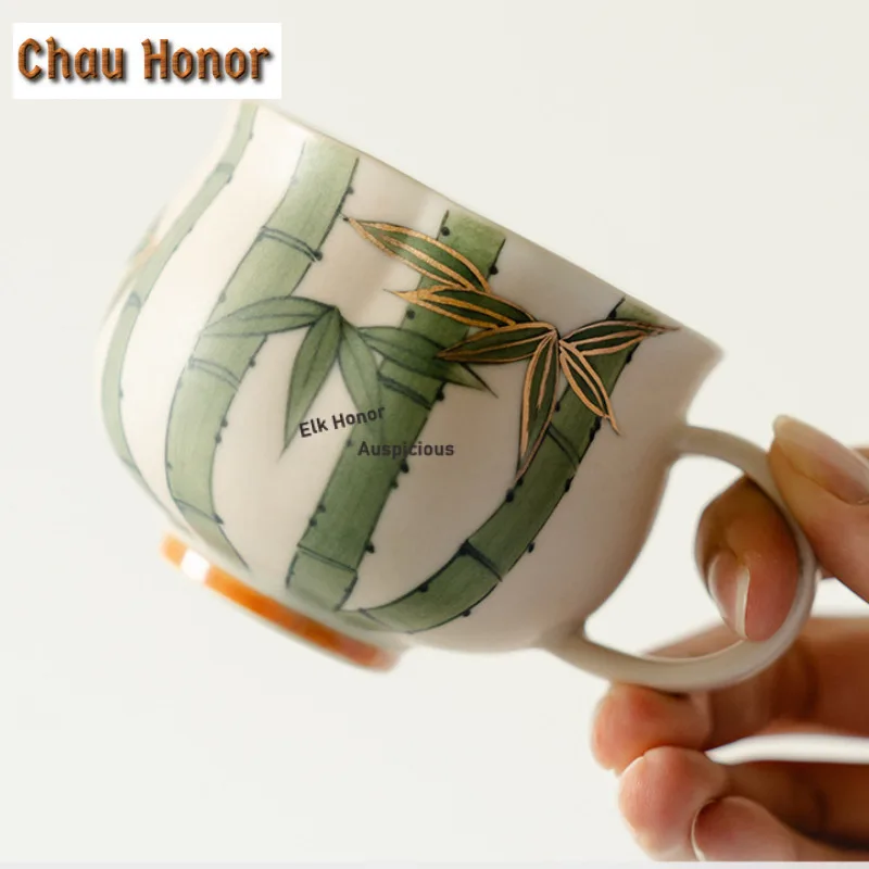 130ml Hand-painted Bamboo Forest Petal Coffee Mug With Plate Beer Cup Afternoon Tea Mug Cup Saucer Kit Drinkware Decoration Gift