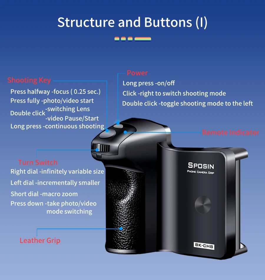 BK-CH8 Stepless Zoom for Iphone Android Phone Selfie Booster Handle Grip, Blueto