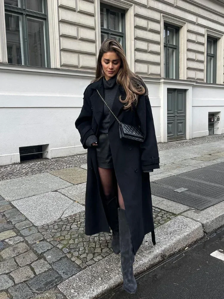 Fashion With Belt Black Woolen Long Coat For Women Oversize Loose Double Button Lapel Overcoat Autumn Lady High Street Outerwear 2
