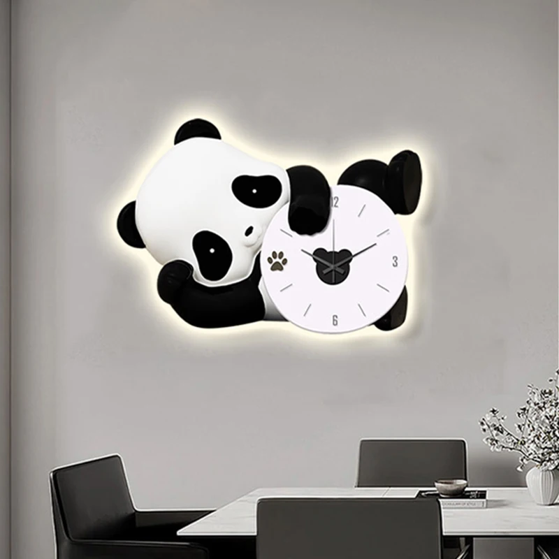 Cute Panda Wall Clock with LED Light Battery Silent Modern Decor Canvas ...
