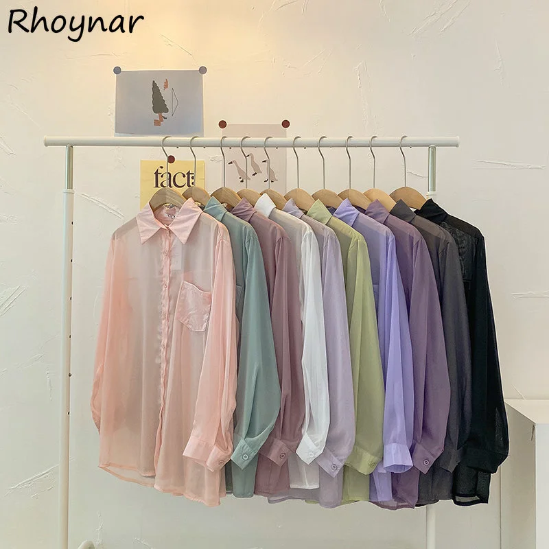 

Shirts Women Summer Sheer Sun-proof Fashion Holiday Pure Color Ladies Loose Casual Mujer Blusas Korean Simple Student All-match