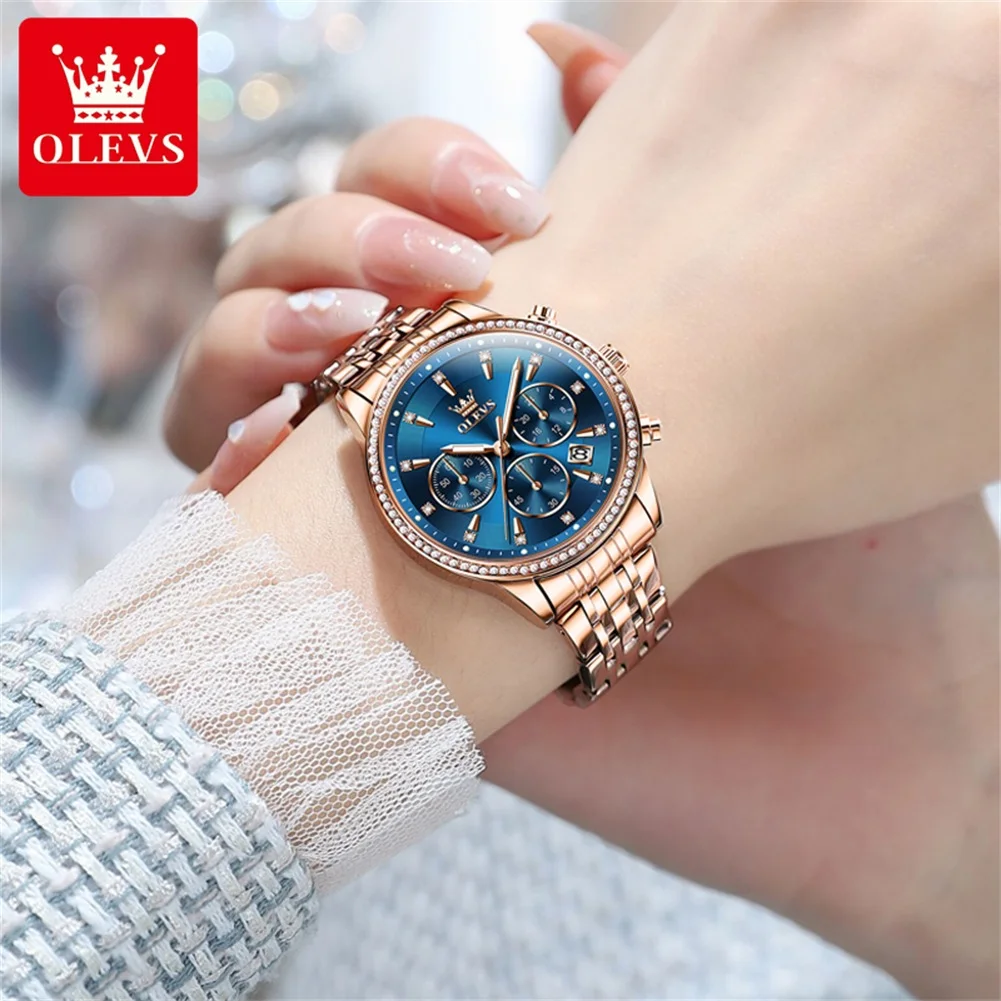 OLEVS Fashion Rose Gold Blue Quartz Watch for Women Luxury Stainless Steel Waterproof Luminous Chronograph Watches Womens