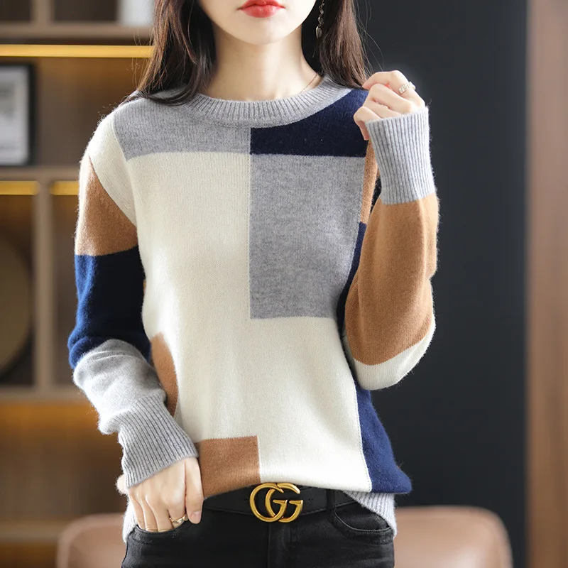 Color Block O-Neck Vrouw Truien Dames Pull Hiver Femme Chandails Frau Pullover Winter Clothes Knitted Tops Women Sweaters 2023 2