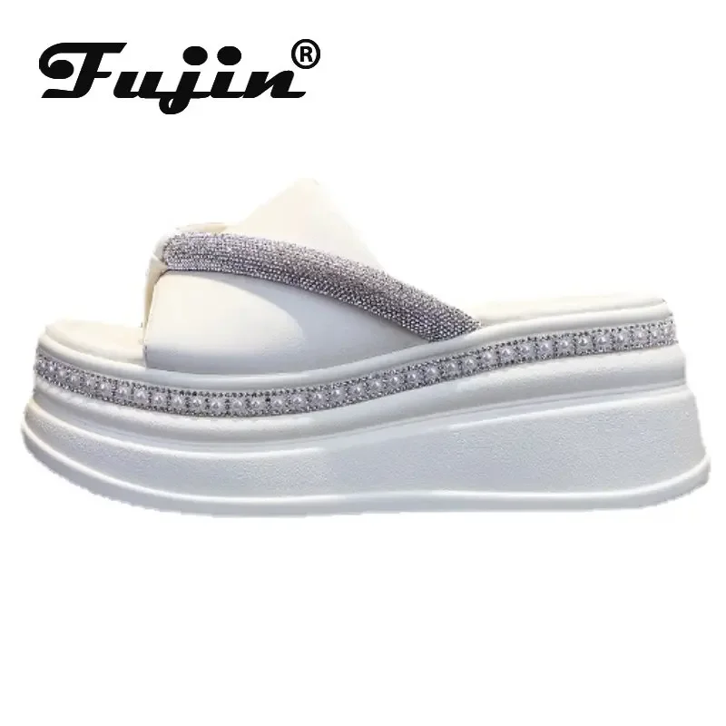 

Женские босоножки на танкетке Fujin, черные босоножки из натуральной бычьей кожи, на платформе 7 см, лето