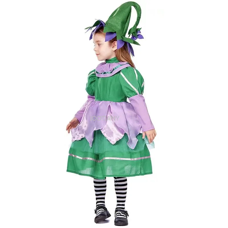 Green Girls Flower Fairy Elf Cosplay Outfit Children Halloween Goblin Costumes Carnival Purim Parade Role Play Party Dress