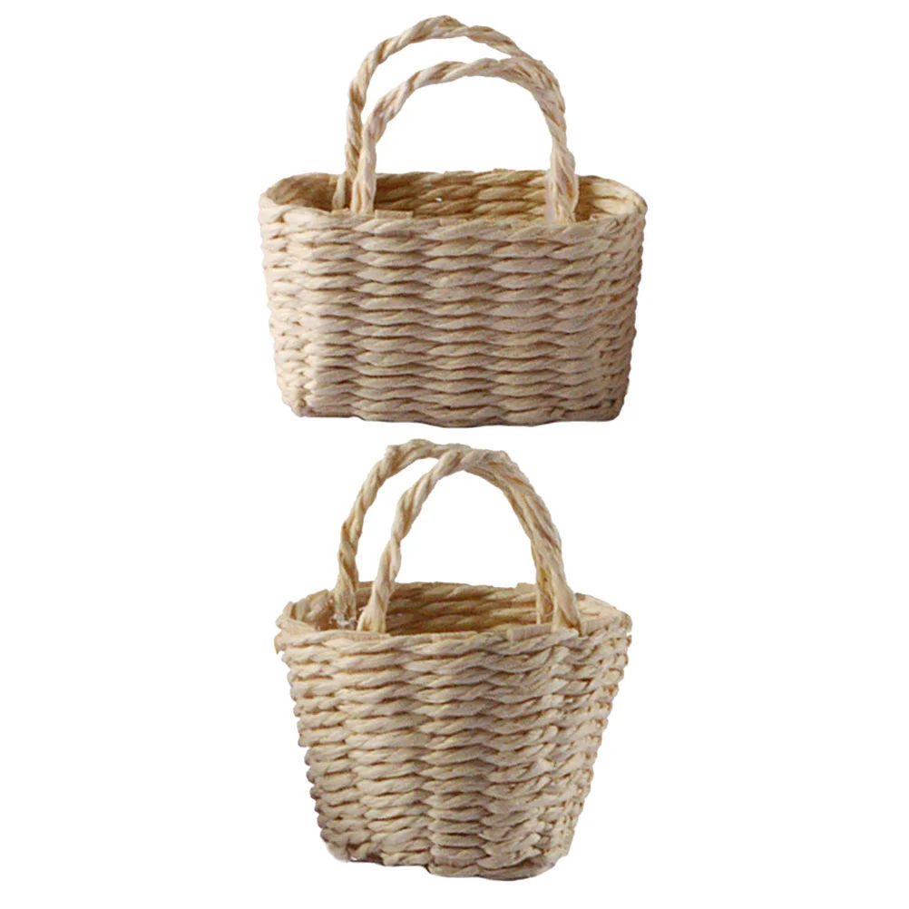 

2 Pcs Picnic Basket House Flower Decorative Bamboo Mini Ornament Model Miniature Storage Decors Simulation Micro Scene