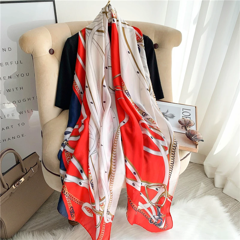 

2022 New Silk Scarf Women Foulard Shawl Lady Bandana Design Print Scarves Sping Pashmina Hijab Wraps Beach Stoles 180x90cm