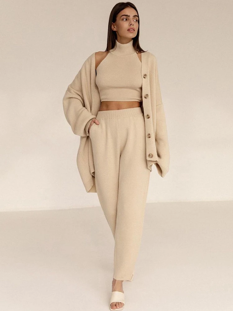 

Fall Winter Women Sweater Outfits Warm Turtleneck Sleeveless Tanks & Loose V Neck Cardigans & Baggy Knitted Pants 3 Piece Sets