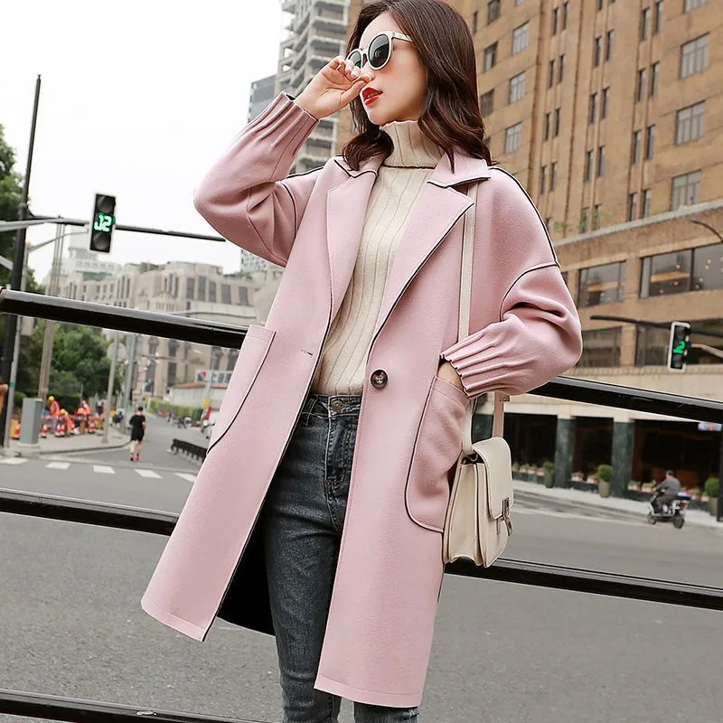 

Mid Length Pink Woolen Jacket 2024 NEW Spring Autumn Women's Korean Version Woolen Blend Casual Coat Female Outerwear Top