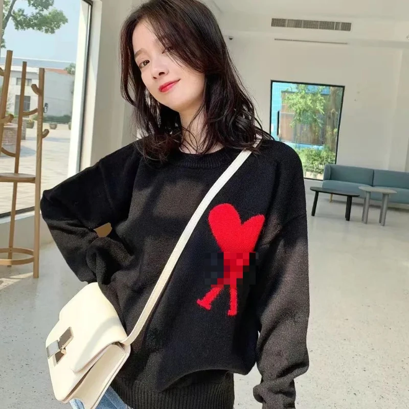 Spring And Autumn New Round Neck Love Slimming Sweater Trendy Fashion Loose Sweet Versatile Knitted Sweater Women's Top