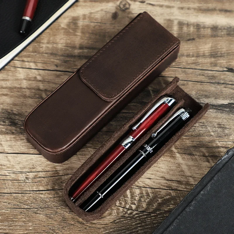 

Student Leather For Handmade School Pencil Organizer Pen Pouch Pens Cowhide Women Case Office 2 Slots Bag Retro Men